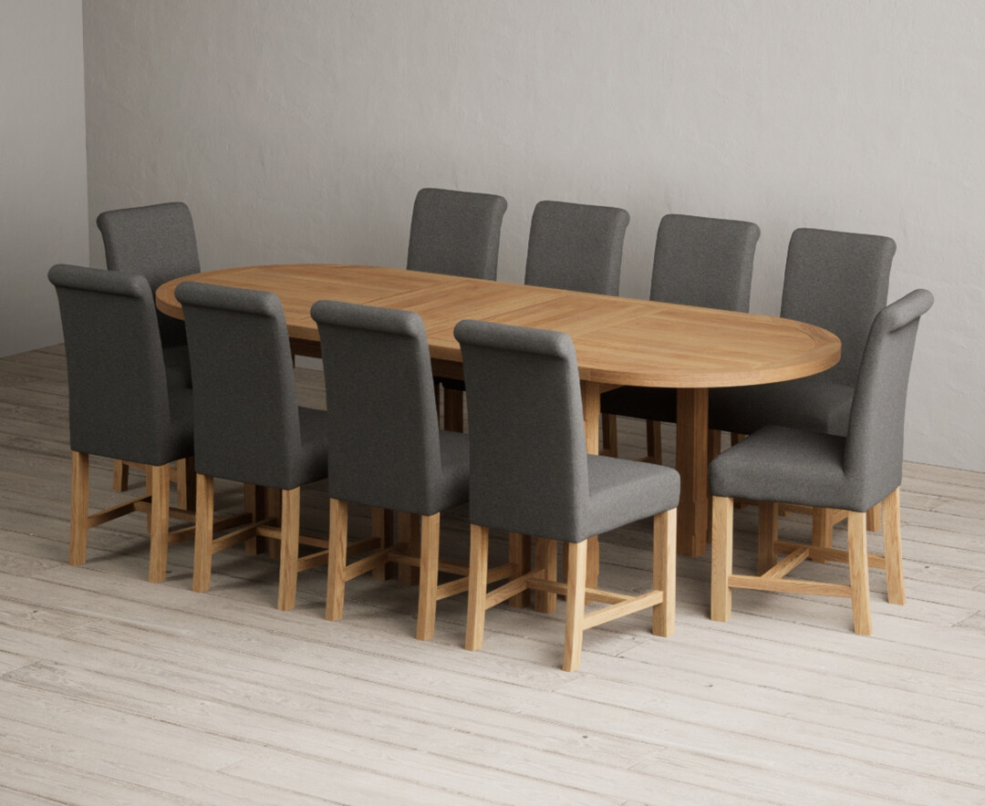 Extending Caversham Oak Oval Dining Table with 10 Charcoal Grey Braced Chairs