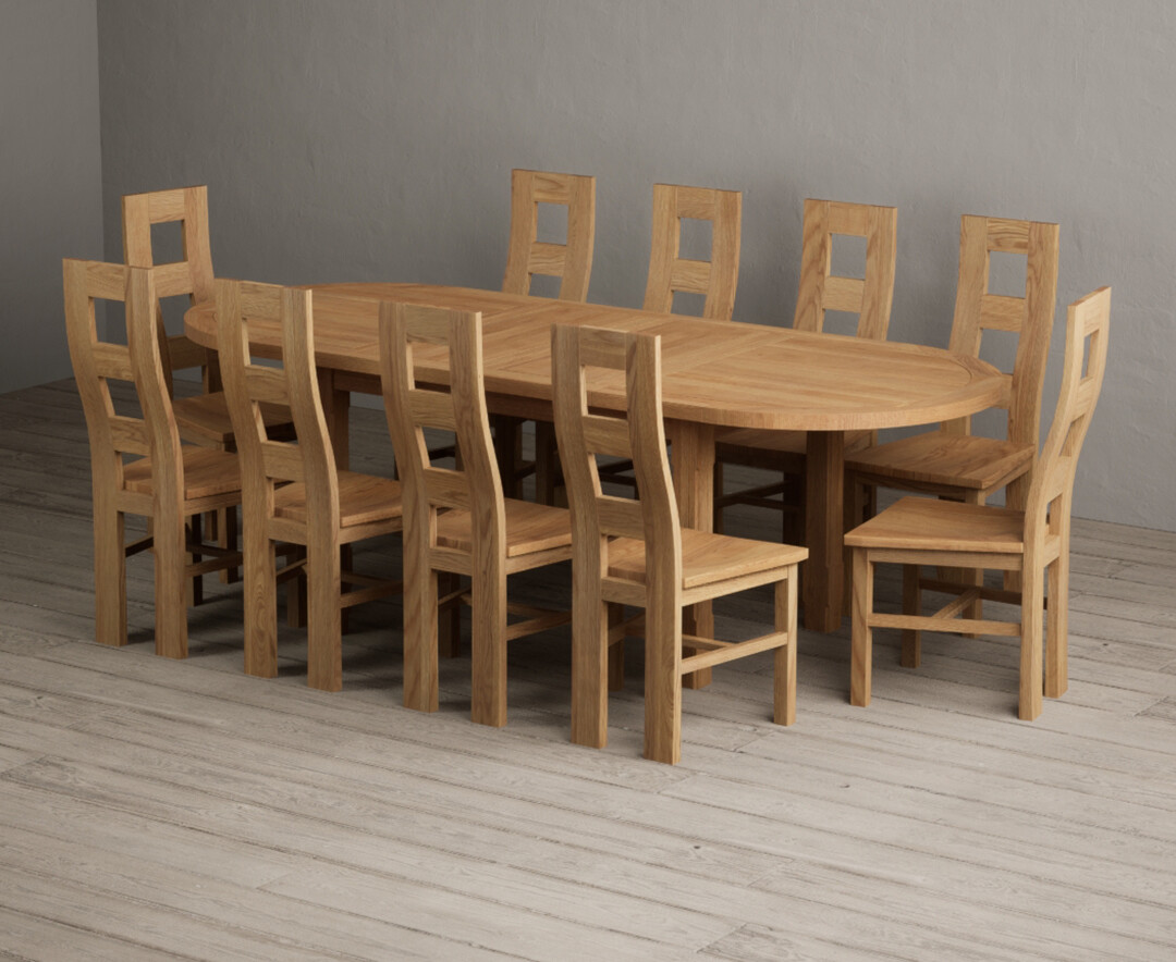 Extending Caversham Oak Oval Dining Table with 10 Oak Natural Chairs