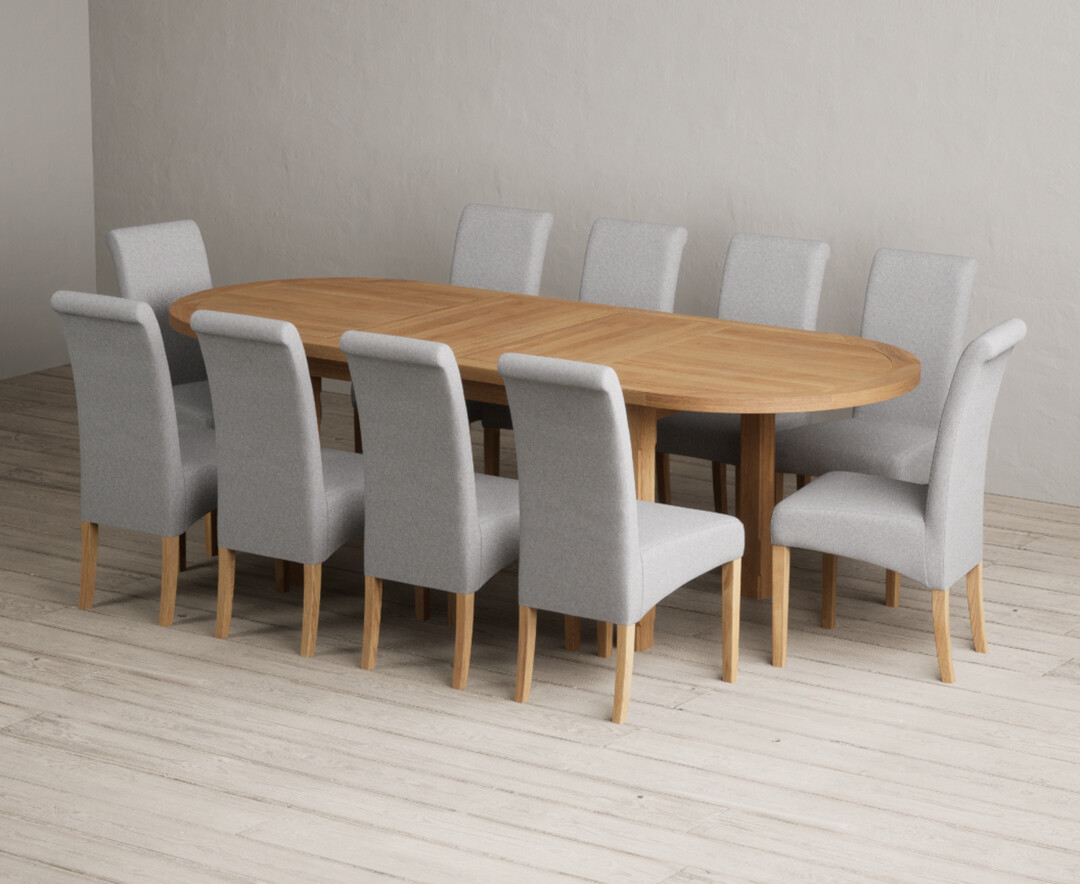 Extending Caversham Oak Oval Dining Table with 10 Grey Scroll Back Chairs