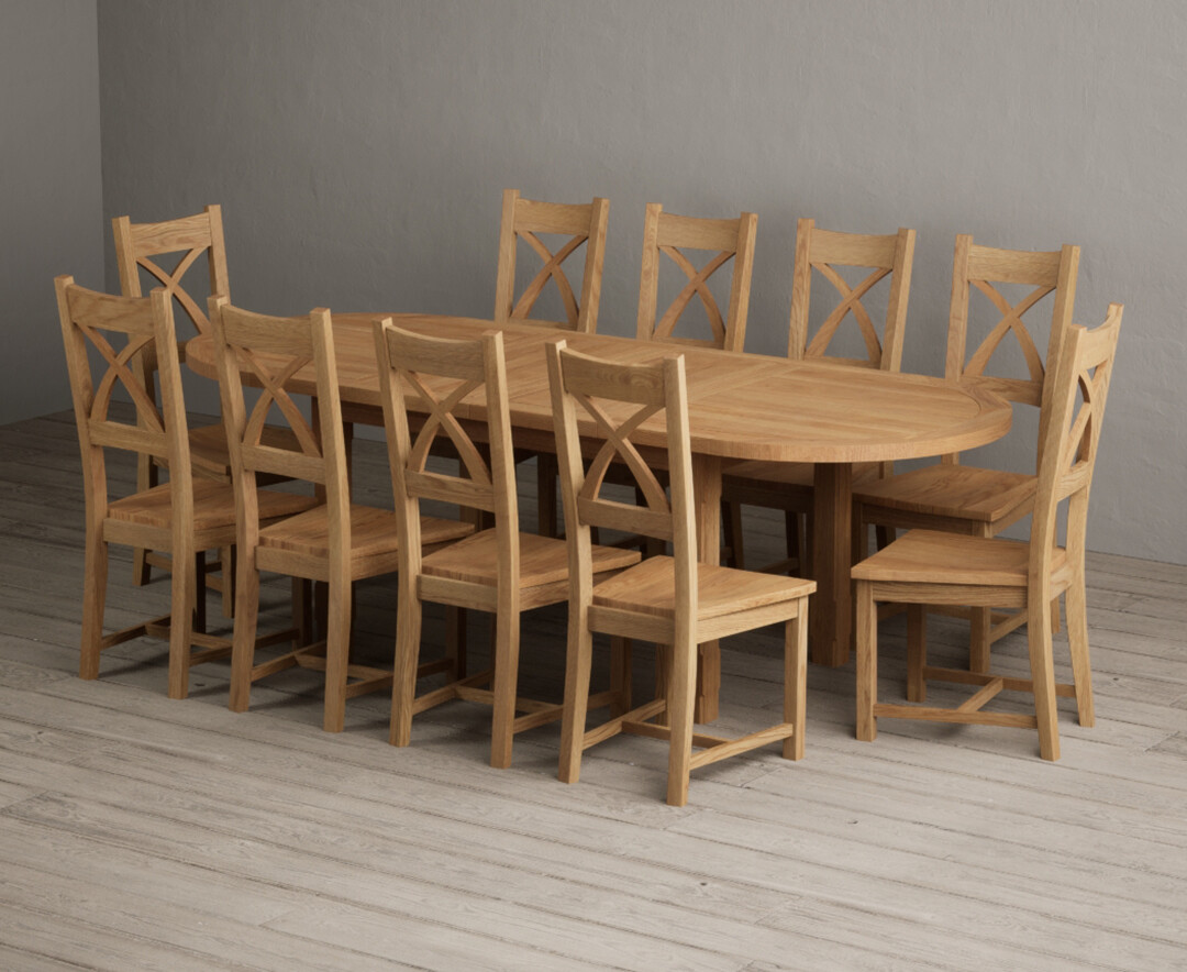 Extending Caversham Oak Oval Dining Table with 10 Oak Natural Chairs