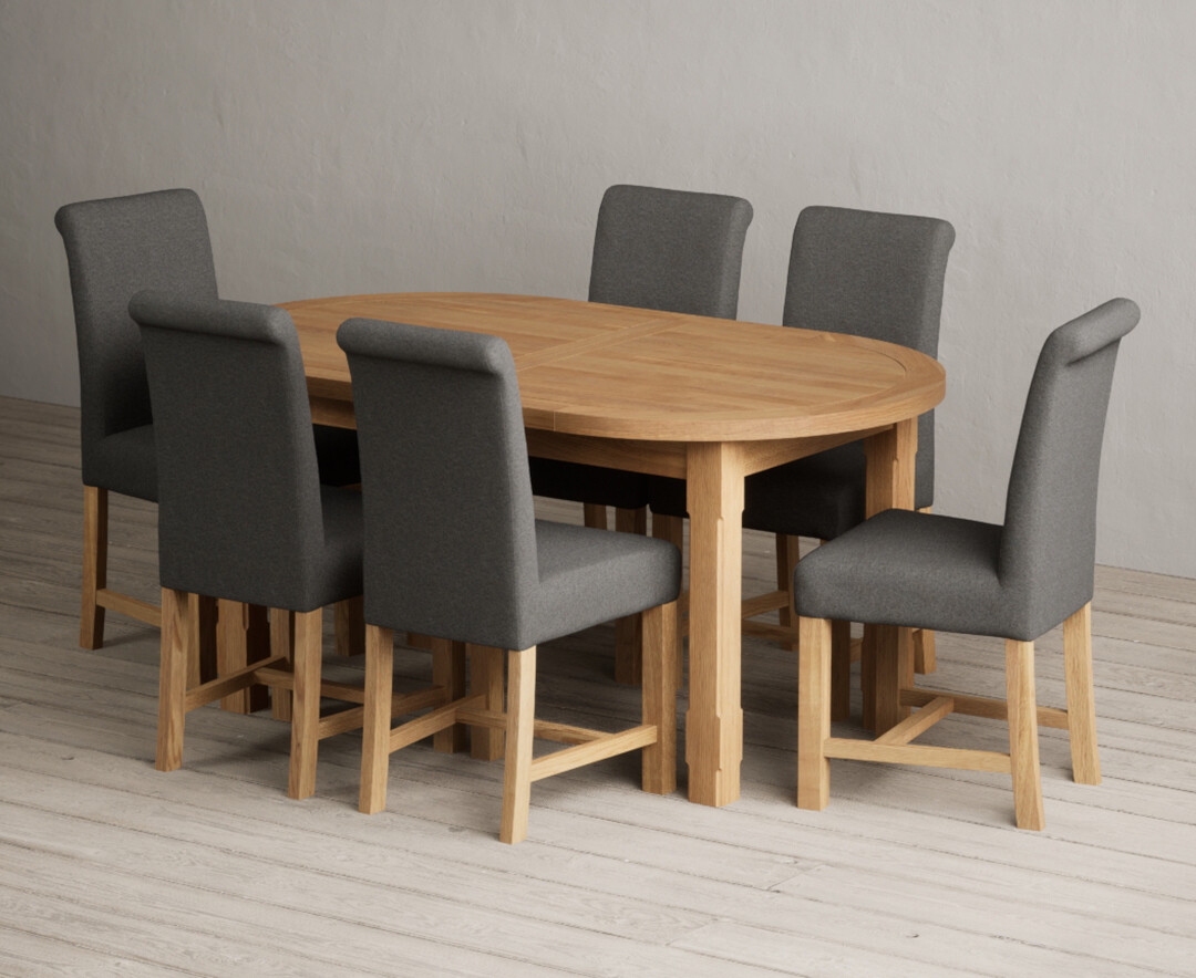 Extending Caversham Oak Oval Dining Table with 6 Blue Braced Chairs