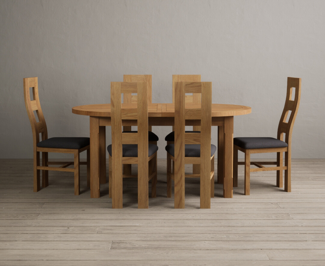 Extending Caversham Oak Oval Dining Table with 6 Charcoal Grey Natural Chairs