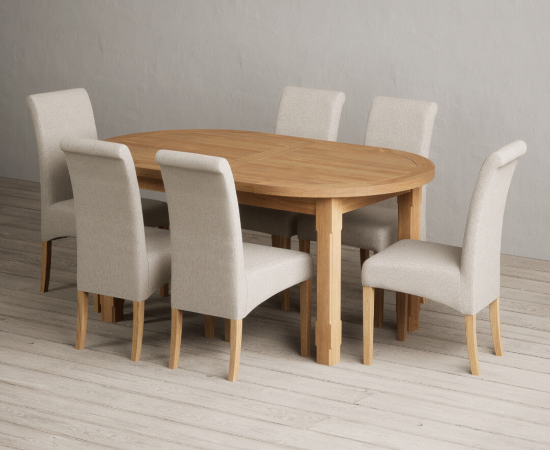 Extending Caversham Oak Oval Dining Table With 8 Natural Scroll Back Chairs