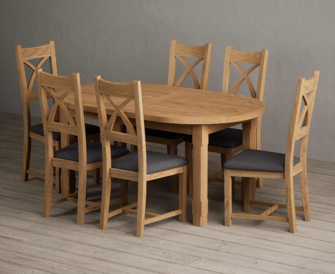 Extending Caversham Oak Oval Dining Table With 6 Light Grey Natural Solid Oak Chairs