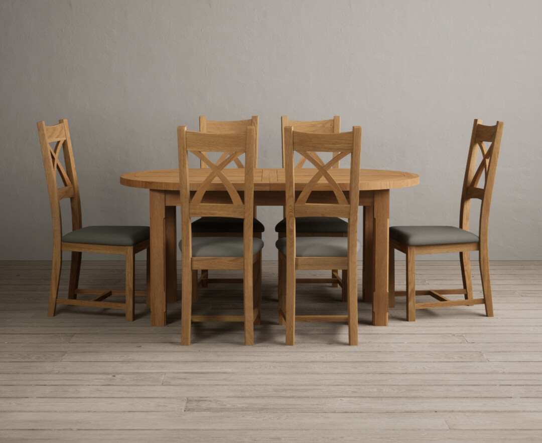 Extending Caversham Oak Oval Dining Table with 10 Grey Natural Solid Oak Chairs