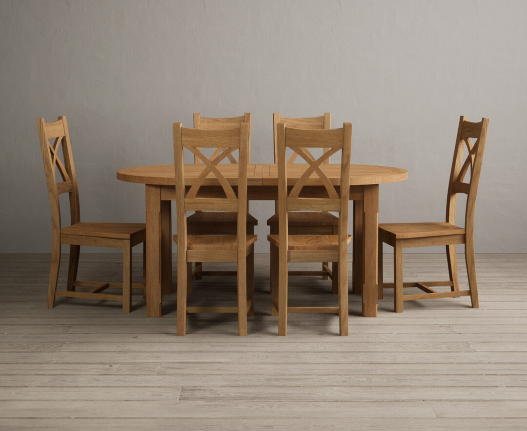 Extending Caversham Oak Oval Dining Table with 6 Oak Natural Chairs