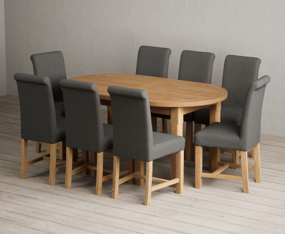 Extending Caversham Oak Oval Dining Table with 8 Charcoal Grey Braced Chairs