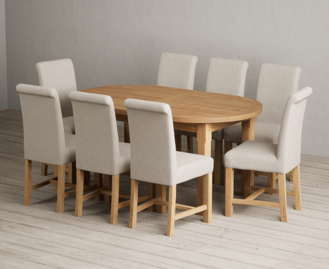 Extending Caversham Oak Oval Dining Table with 8 Natural Braced Chairs