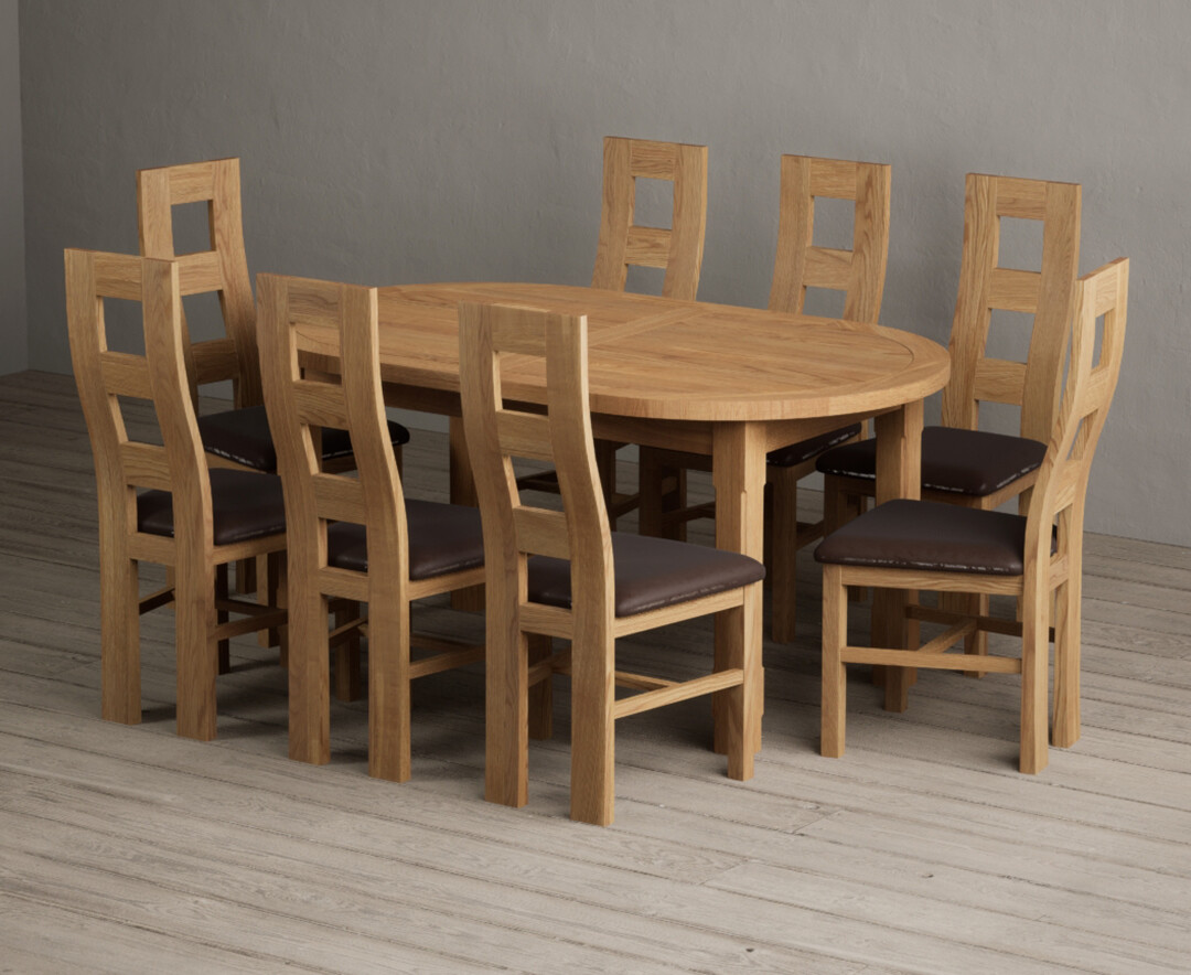 Extending Caversham Oak Oval Dining Table with 8 Brown Natural Chairs