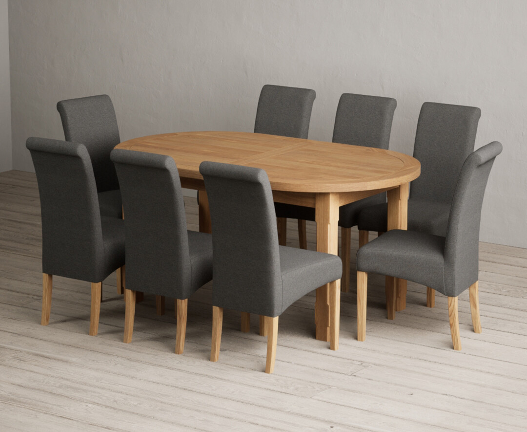 Extending Caversham Oak Oval Dining Table with 8 Charcoal Grey Scroll Back Chairs