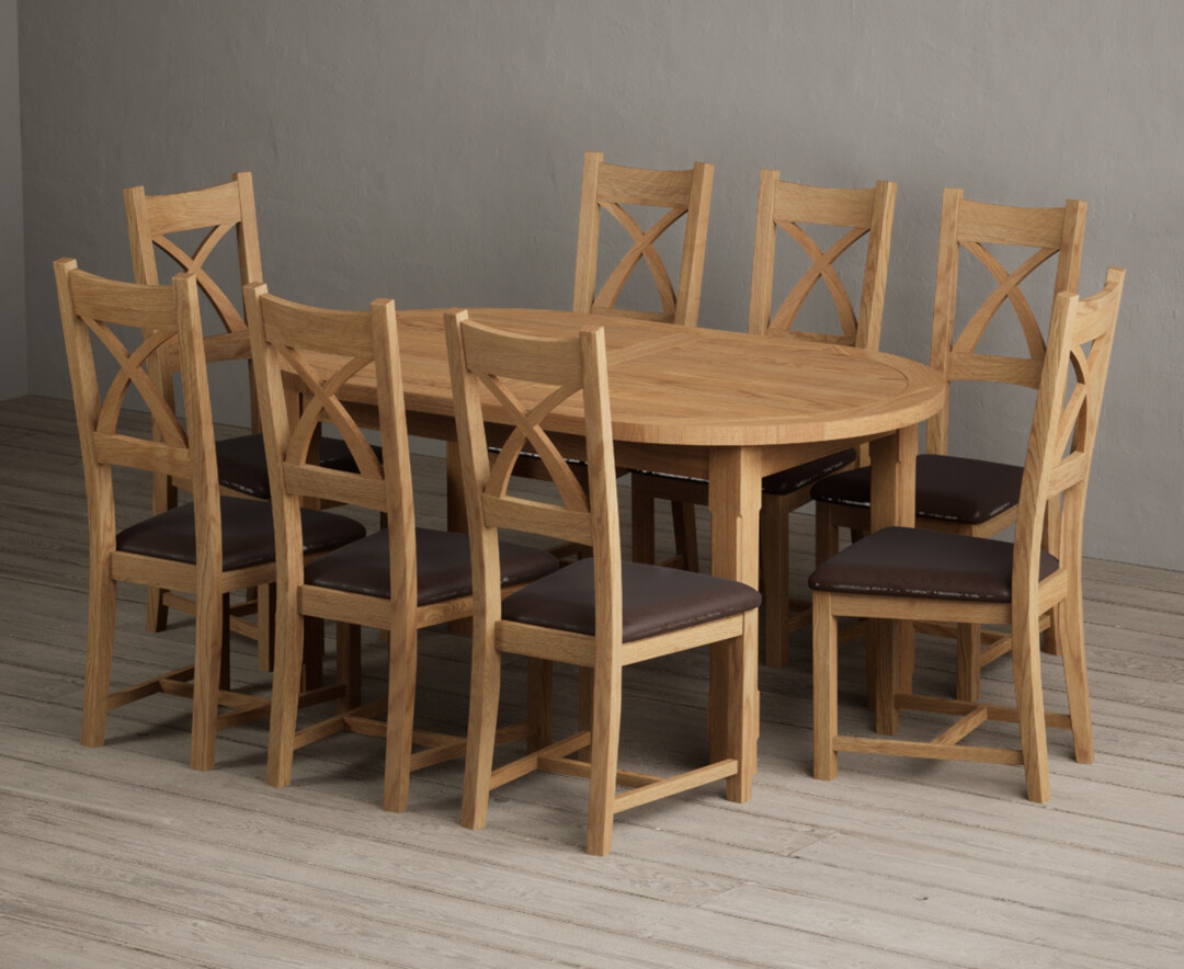 Extending Caversham Oak Oval Dining Table with 8 Brown Natural Solid Oak Chairs