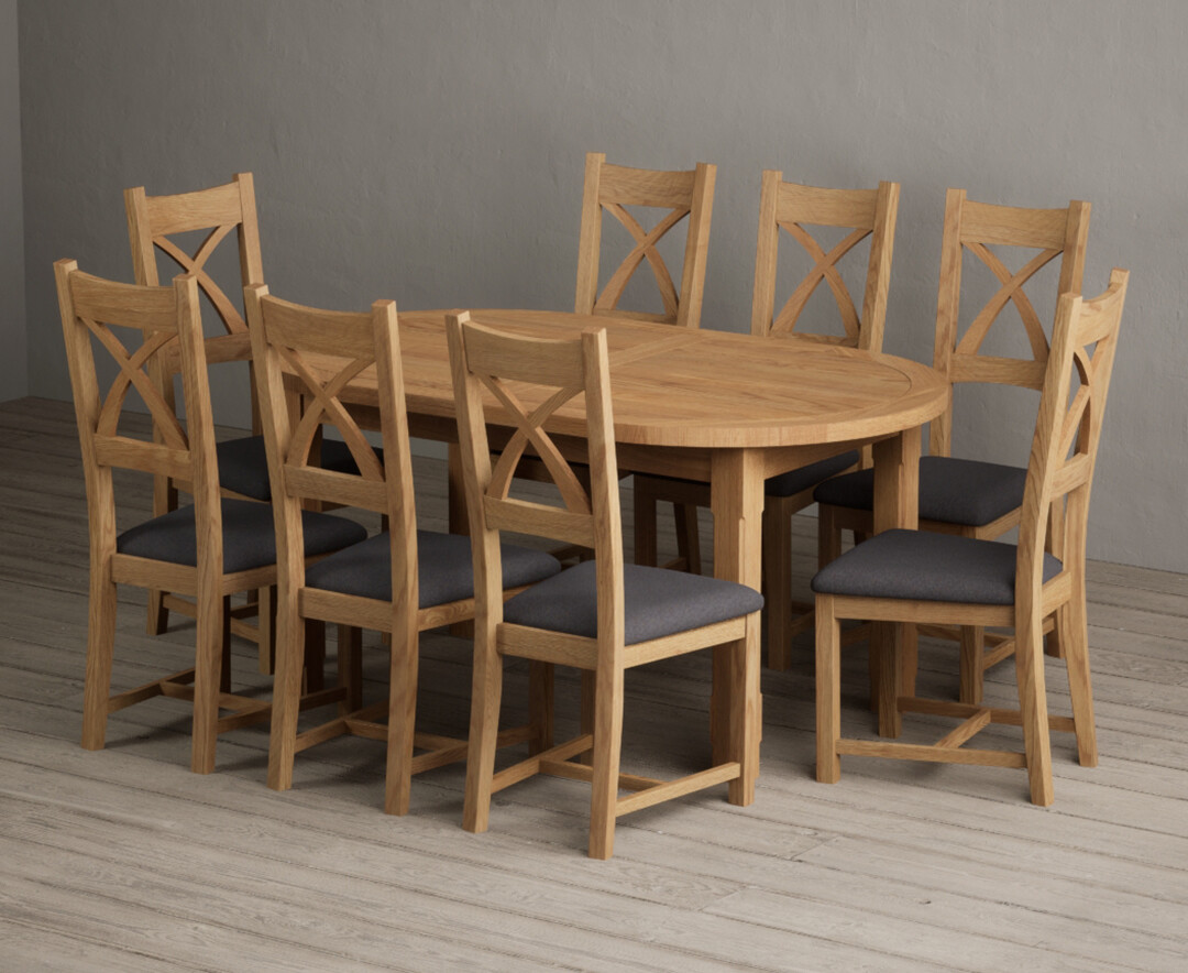 Extending Caversham Oak Oval Dining Table with 8 Charcoal Grey Natural Solid Oak Chairs