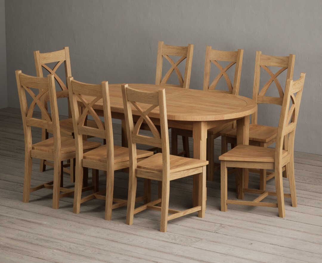 Extending Caversham Oak Oval Dining Table with 8 Oak Natural Chairs