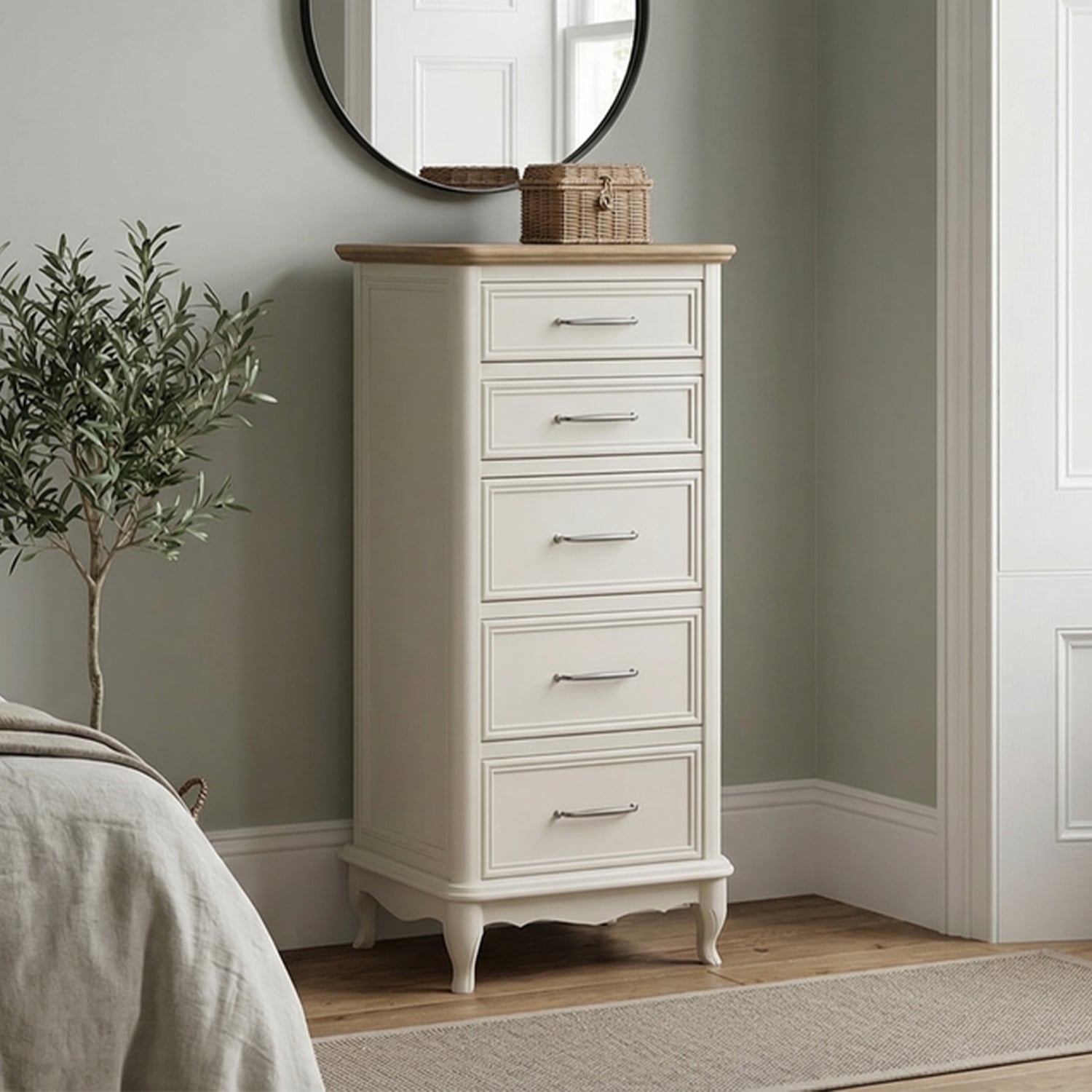 Chateau Oak and Soft White Painted 5 Drawer Tallboy