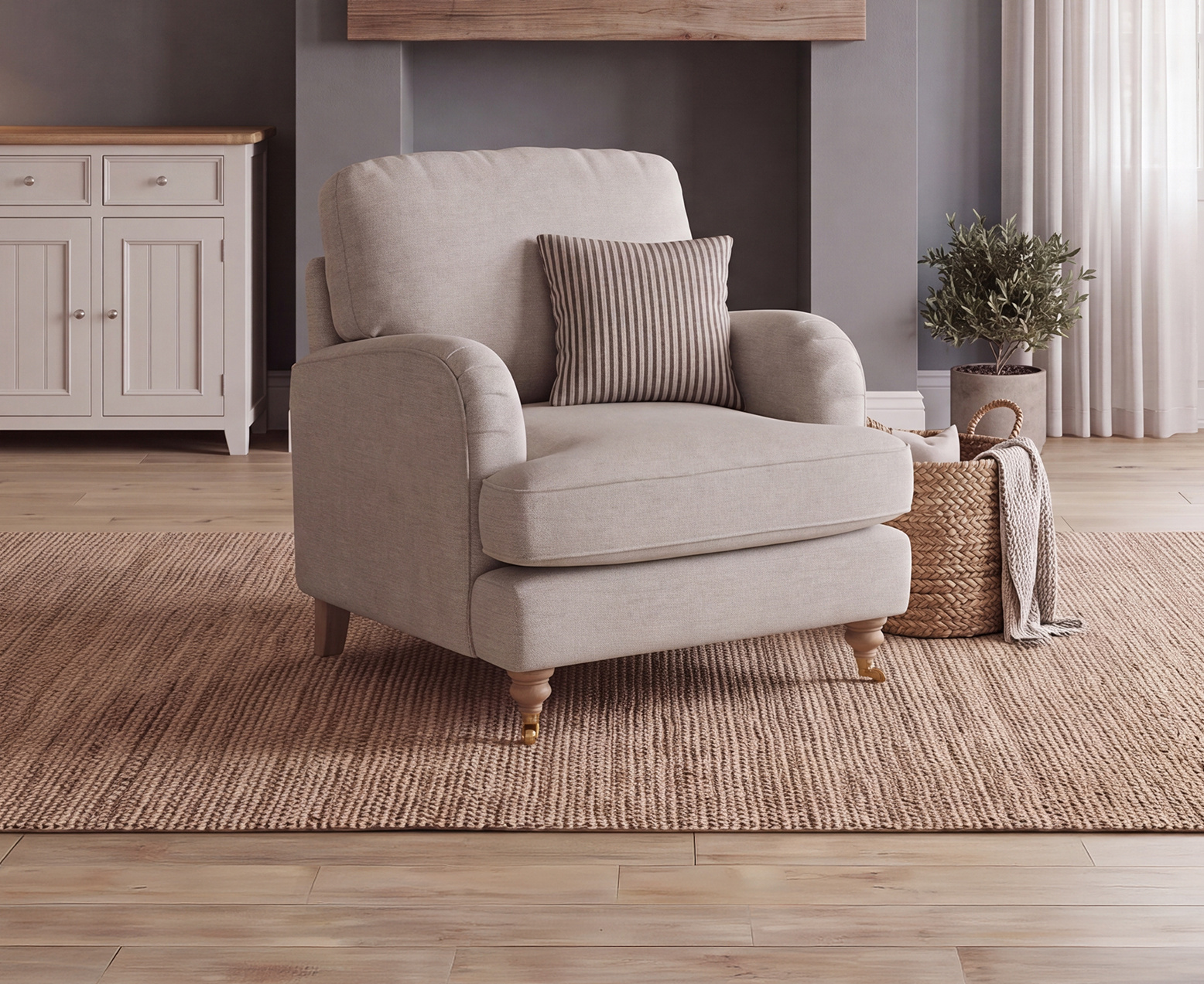Chilworth Natural Fabric Armchair with Grey Cushion