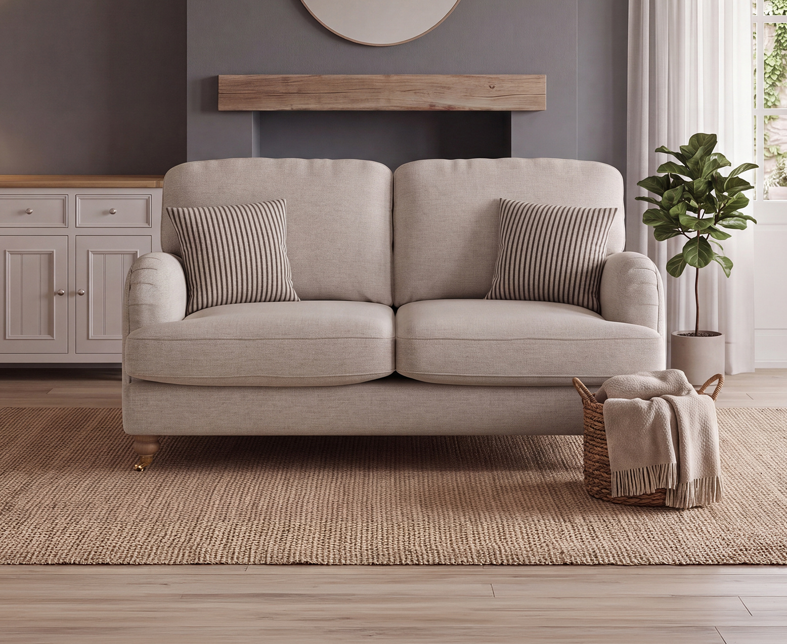 Chilworth Natural Fabric 2 Seater Sofa with Grey Cushions