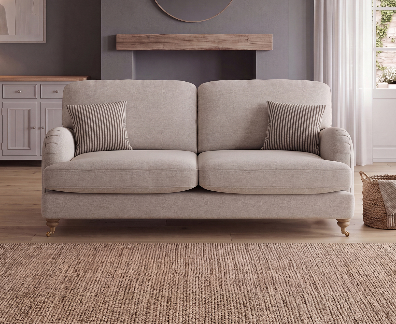 Chilworth Natural Fabric 3 Seater Sofa with Grey Cushions