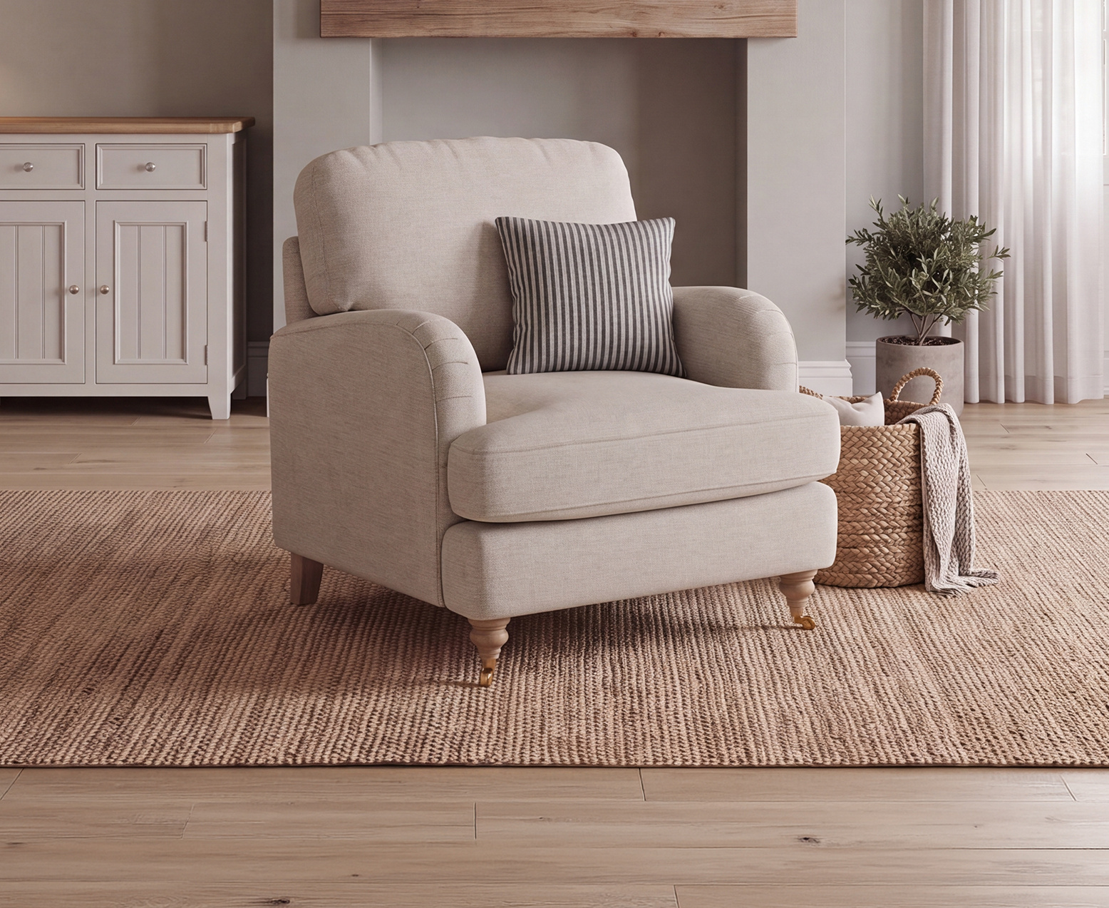 Chilworth Natural Fabric Armchair with Navy Cushion