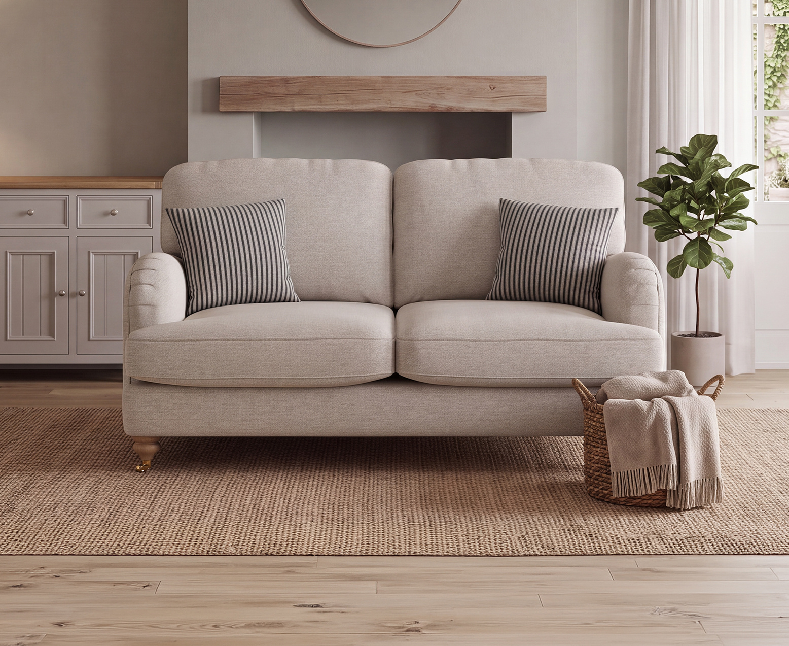 Chilworth Natural Fabric 2 Seater Sofa with Navy Cushions