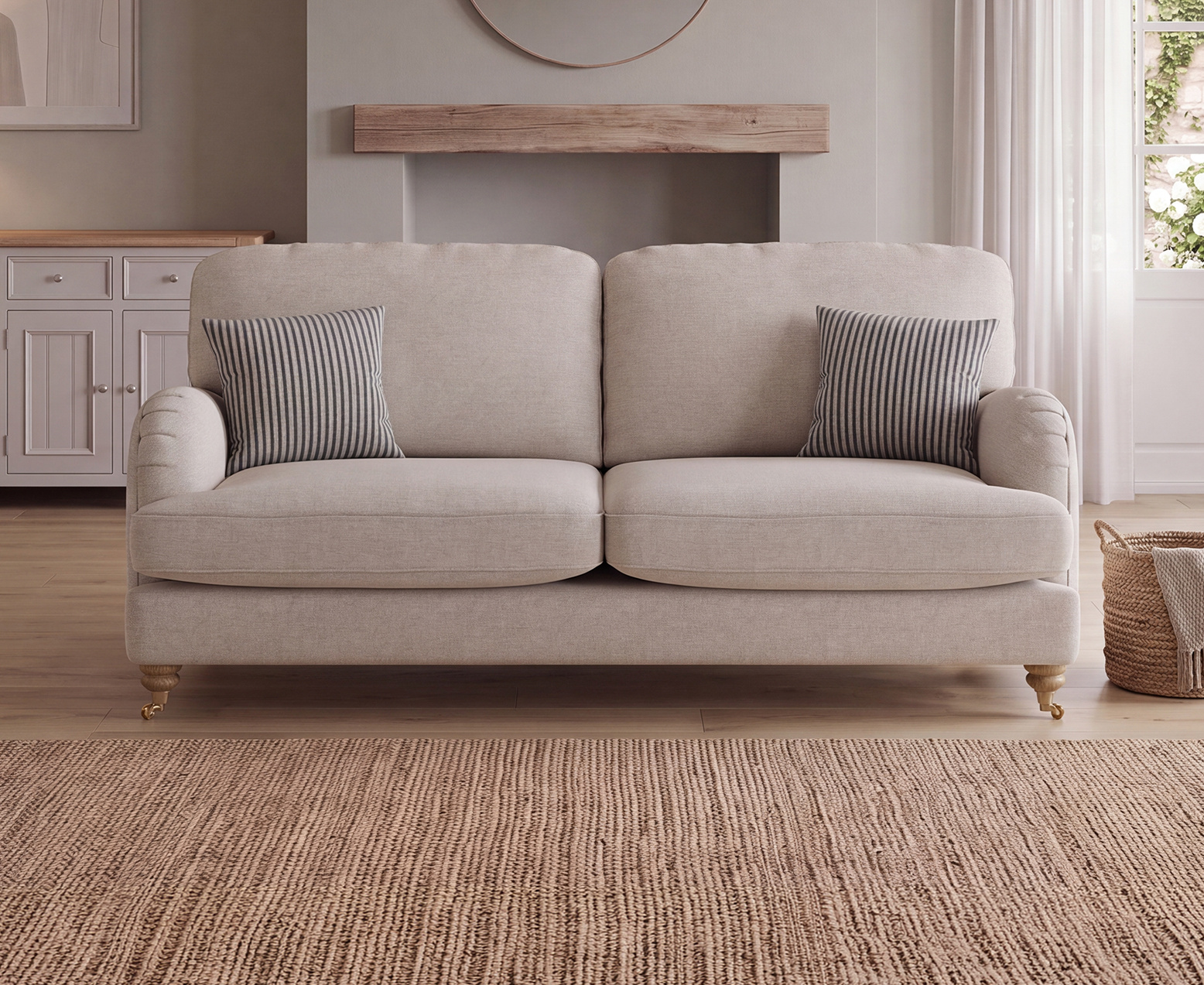Chilworth Natural Fabric 3 Seater Sofa with Navy Cushions