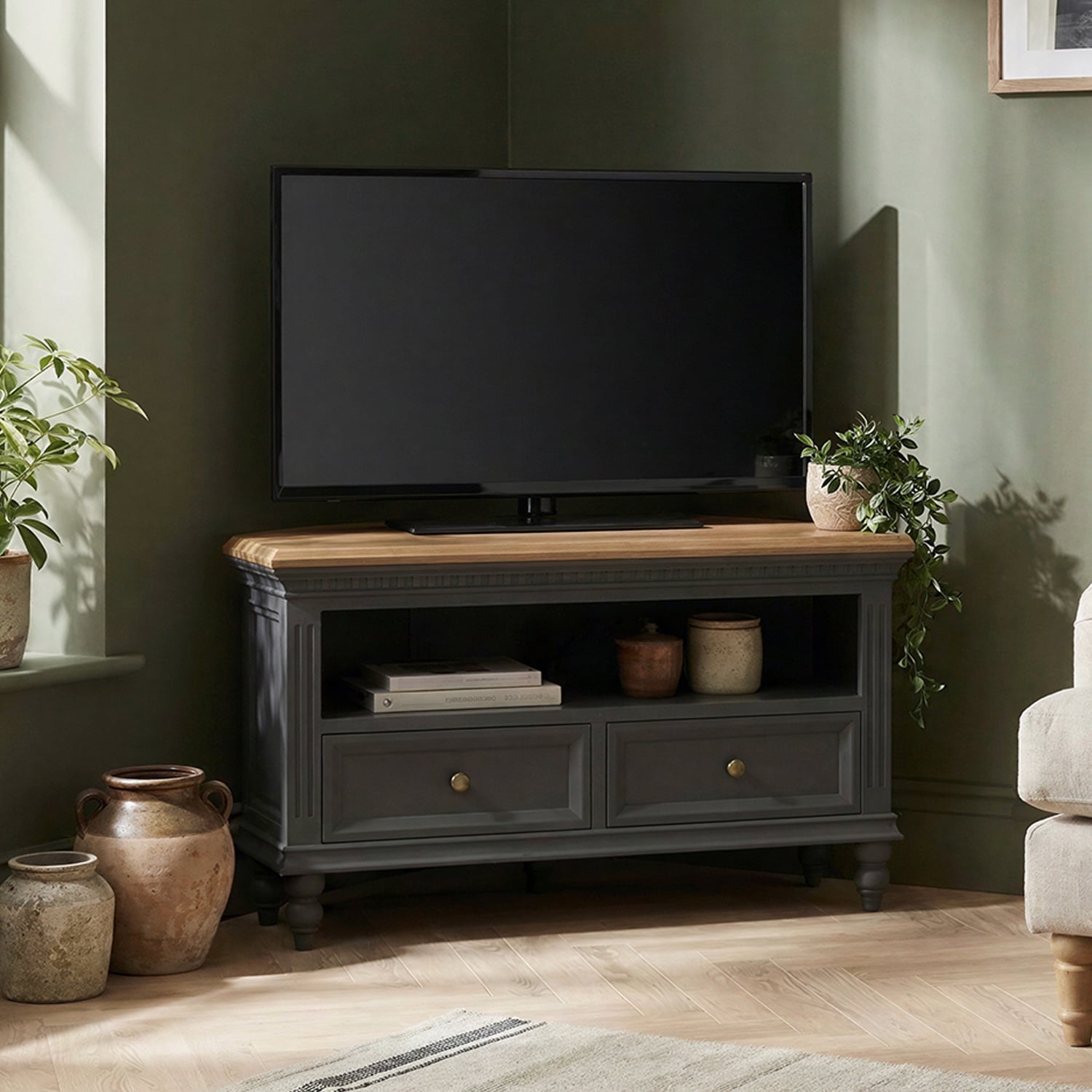 Francis Oak and Charcoal Grey Painted Corner TV Cabinet