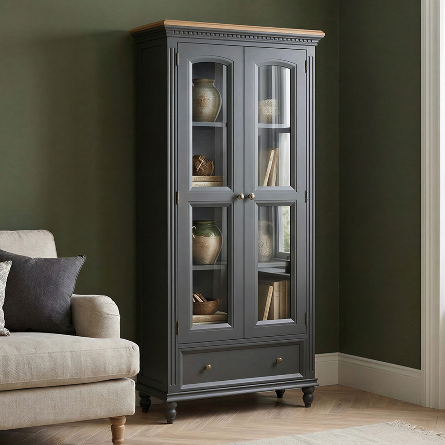 Francis Oak and Charcoal Grey Painted Glazed Display Cabinet
