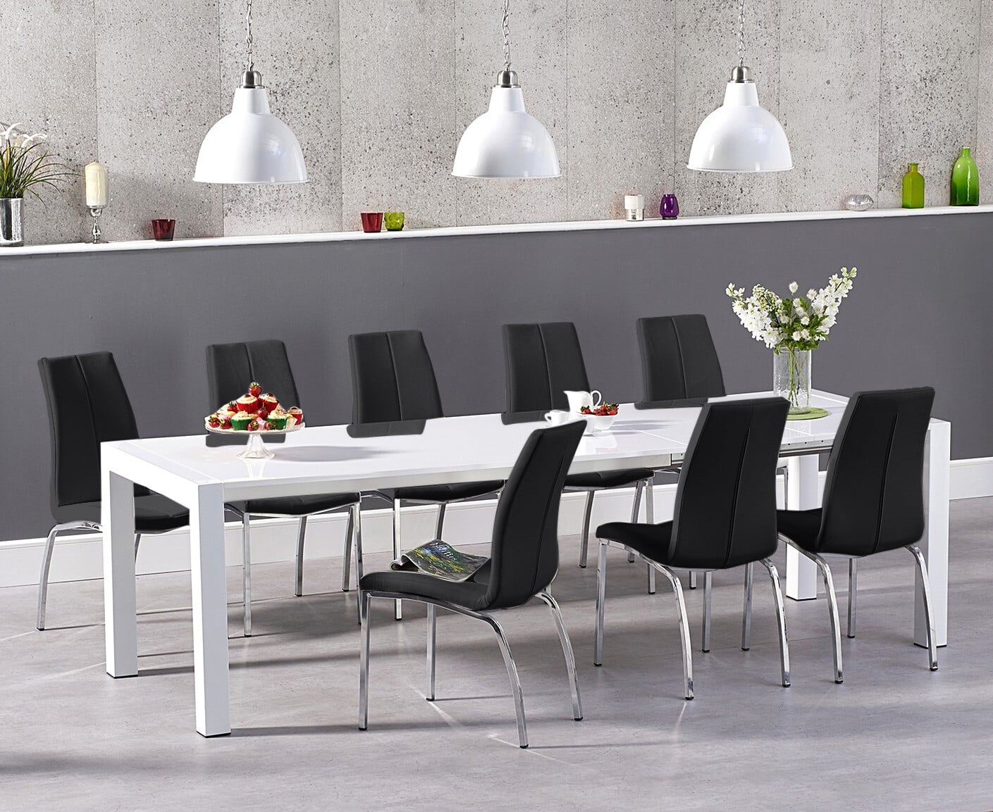 Extending Cleveland White High Gloss Dining Table with 6 Black Marco Chairs