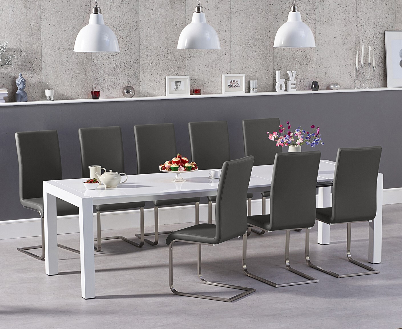 Extending Cleveland White High Gloss Dining Table with 8 Grey Austin Chairs