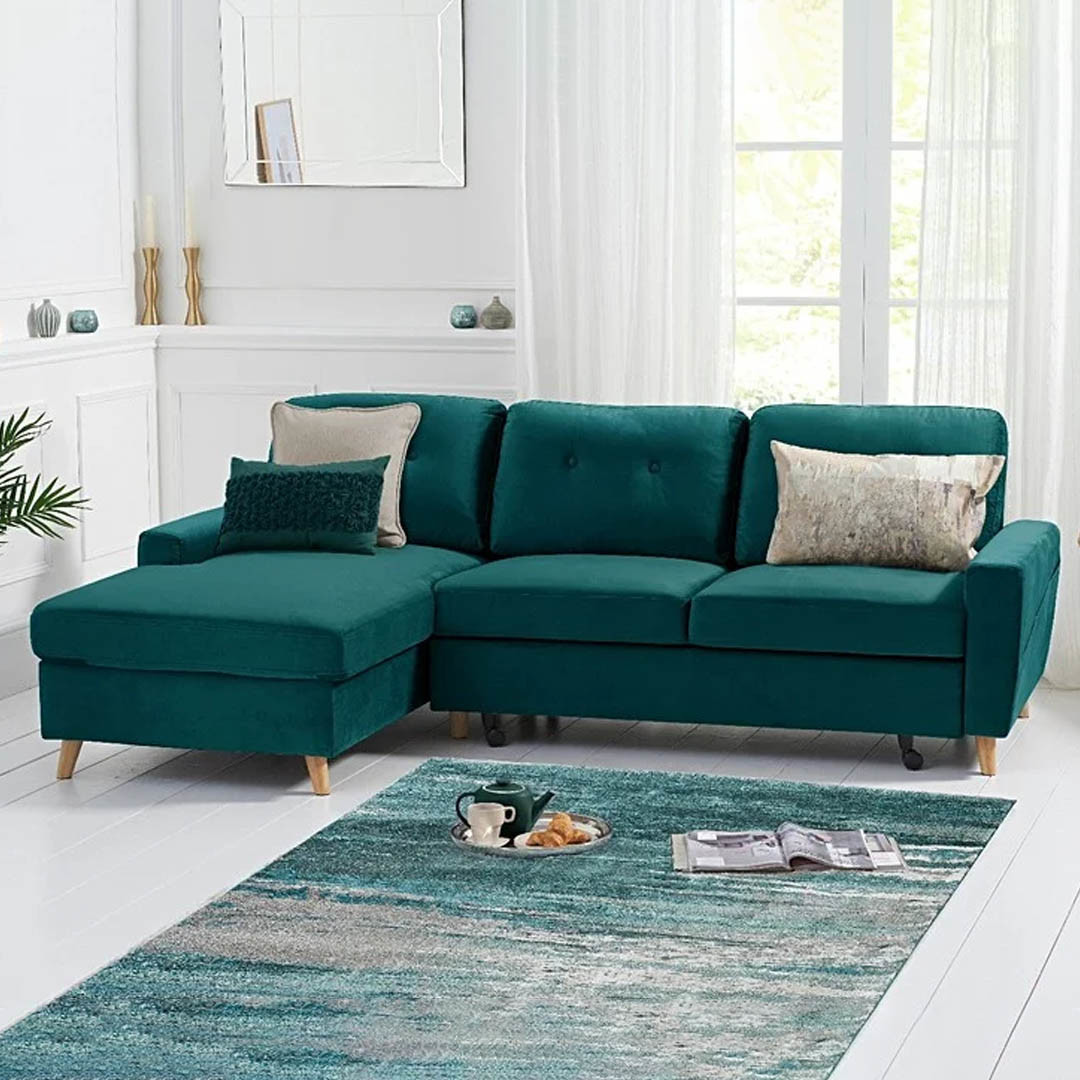 Florence Left Facing Chaise Sofa Bed In Green Velvet