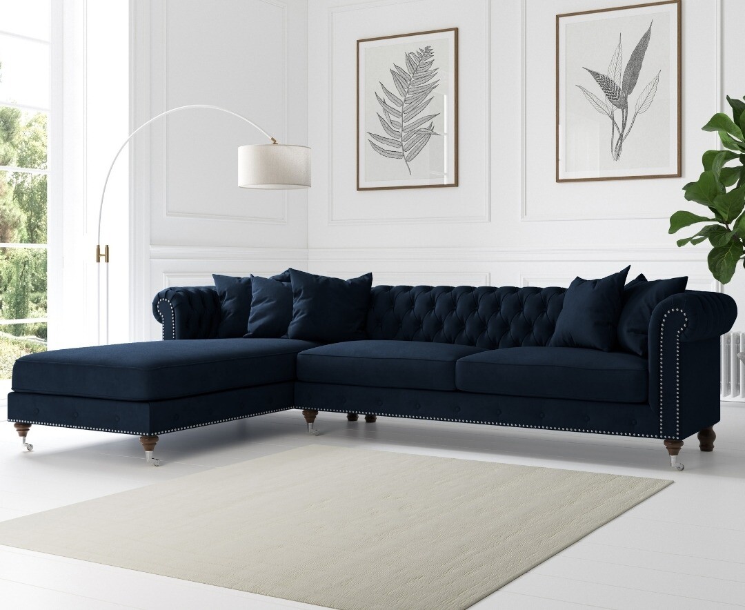 Chiswick Extra Large Blue Velvet Left Facing Chesterfield Corner Chaise Sofa