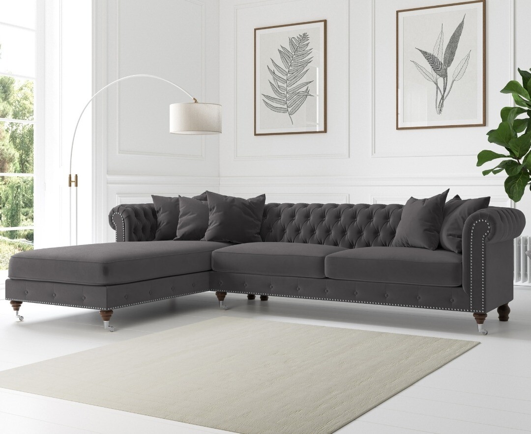 Chiswick Extra Large Dark Grey Velvet Left Facing Chesterfield Corner Chaise Sofa
