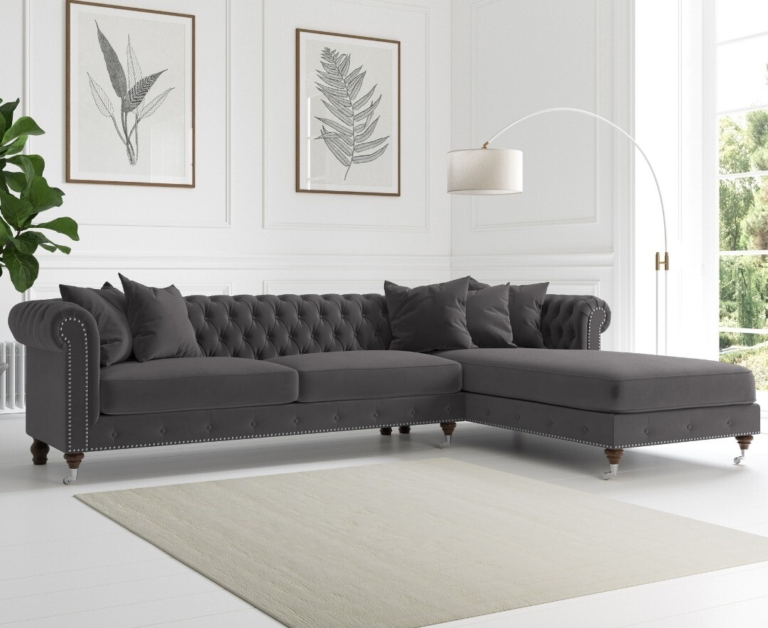 Chiswick Extra Large Dark Grey Velvet Right Facing Chesterfield Corner Chaise Sofa