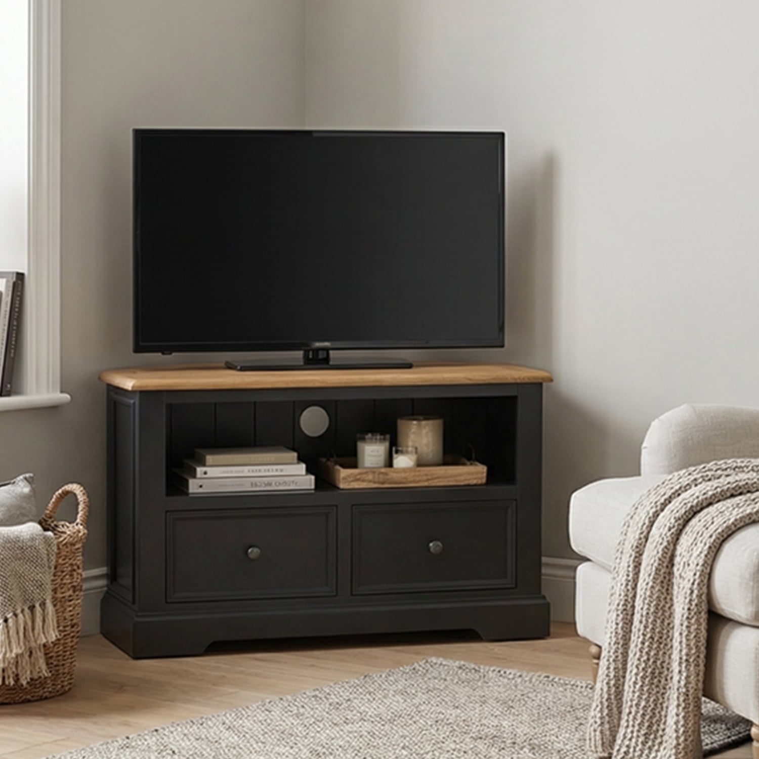 Charlton Oak and Black Painted Corner TV Cabinet