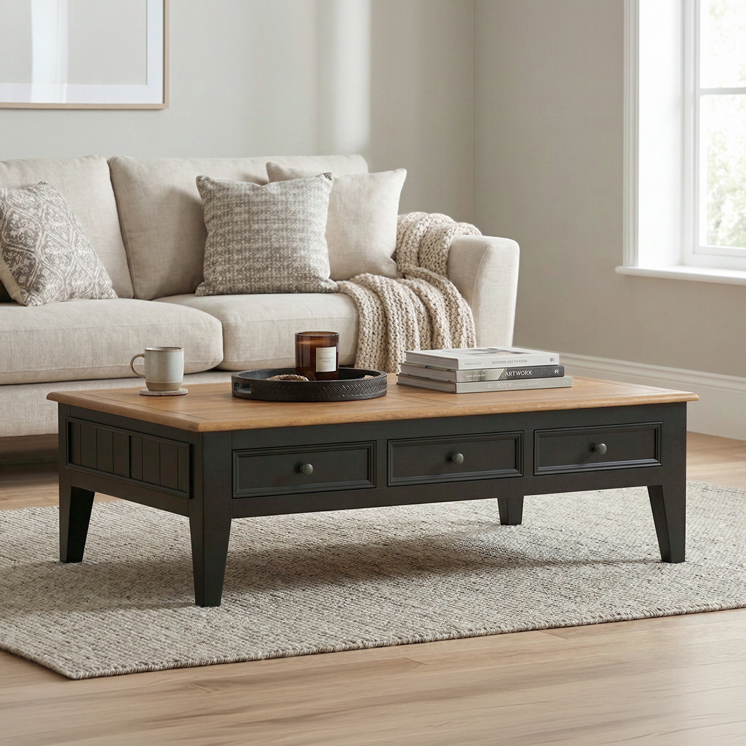 Charlton Oak and Black Painted Extra Large 6 Drawer Coffee Table