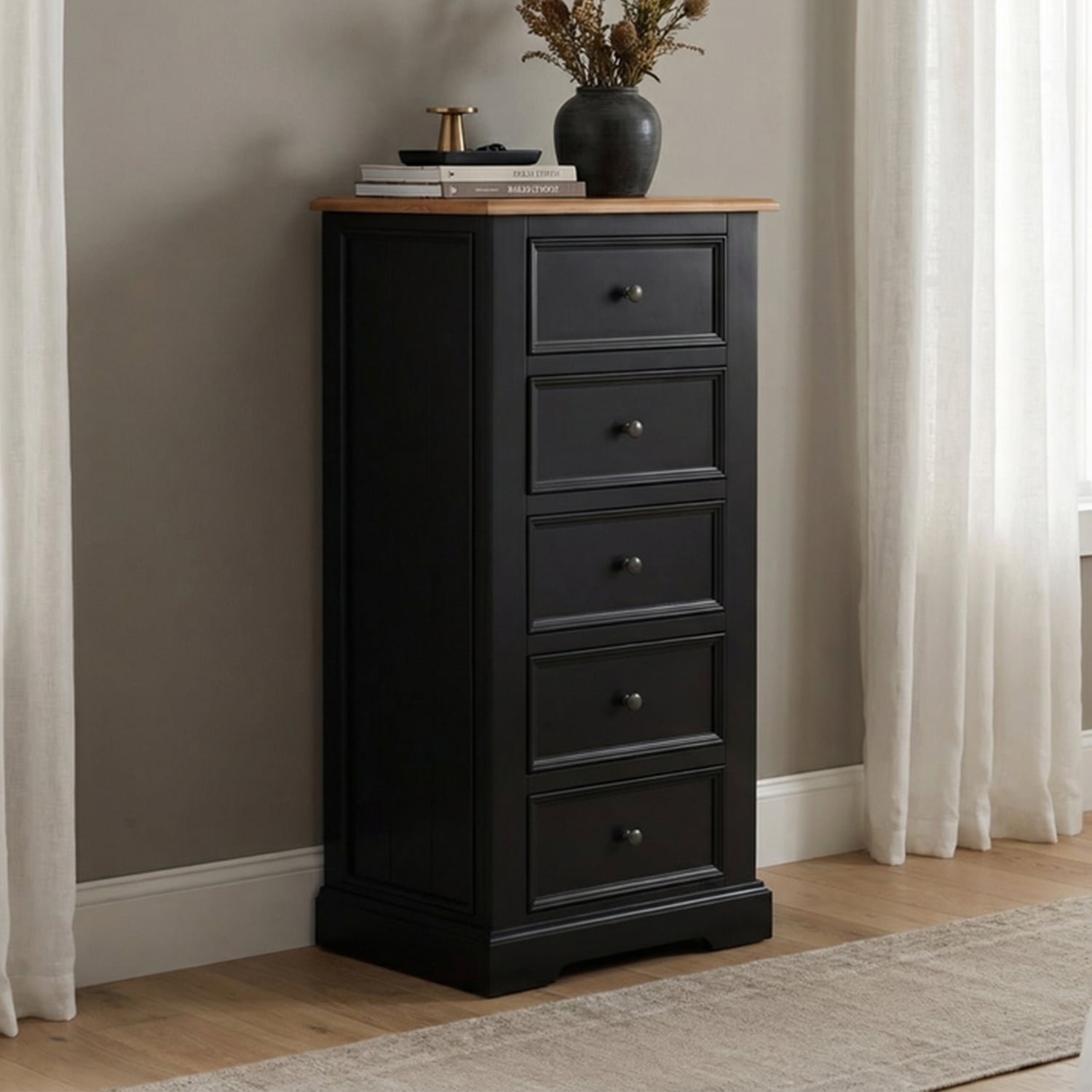 Charlton Oak and Black Painted 5 Drawer Tallboy