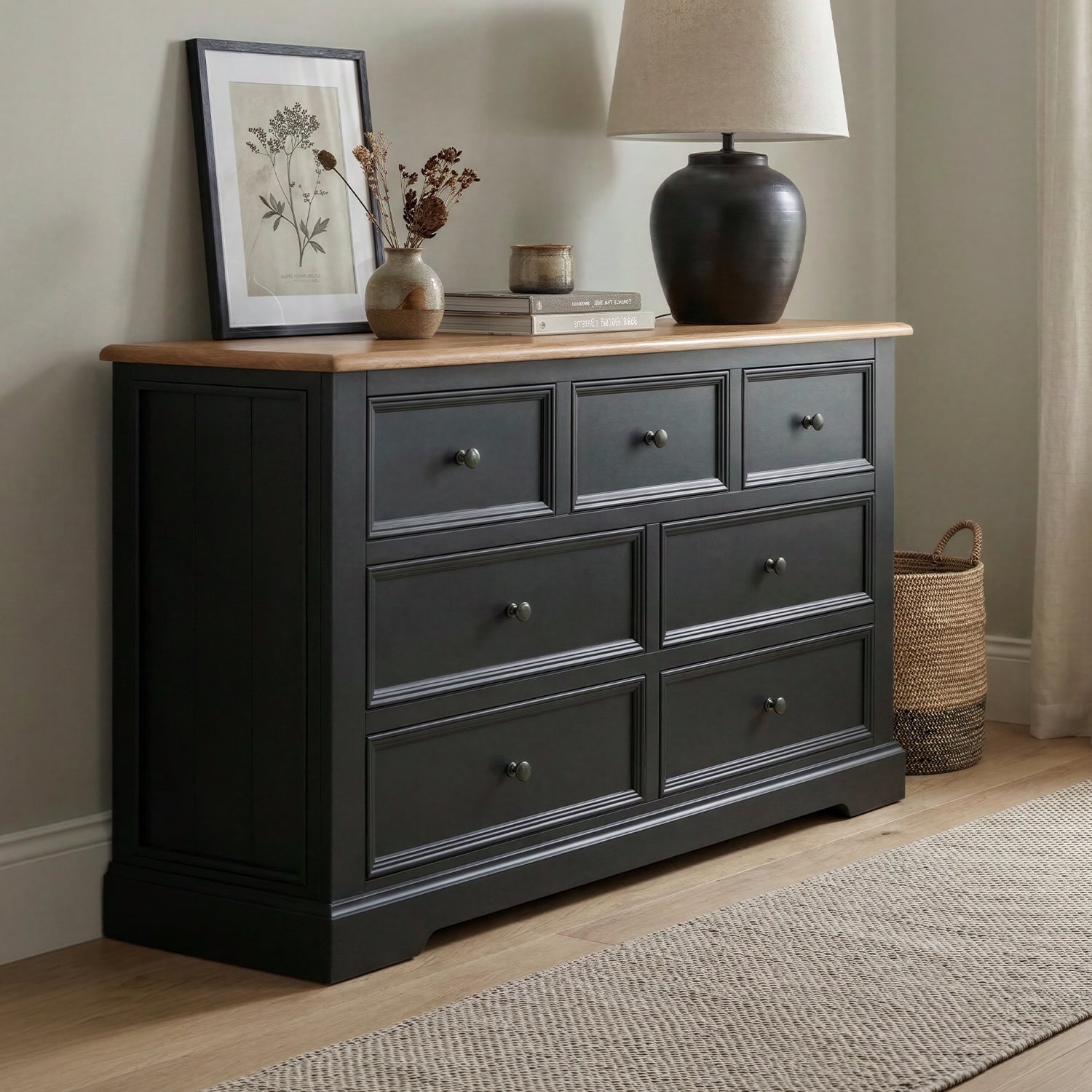 Charlton Oak and Black Painted Wide Chest Of Drawers