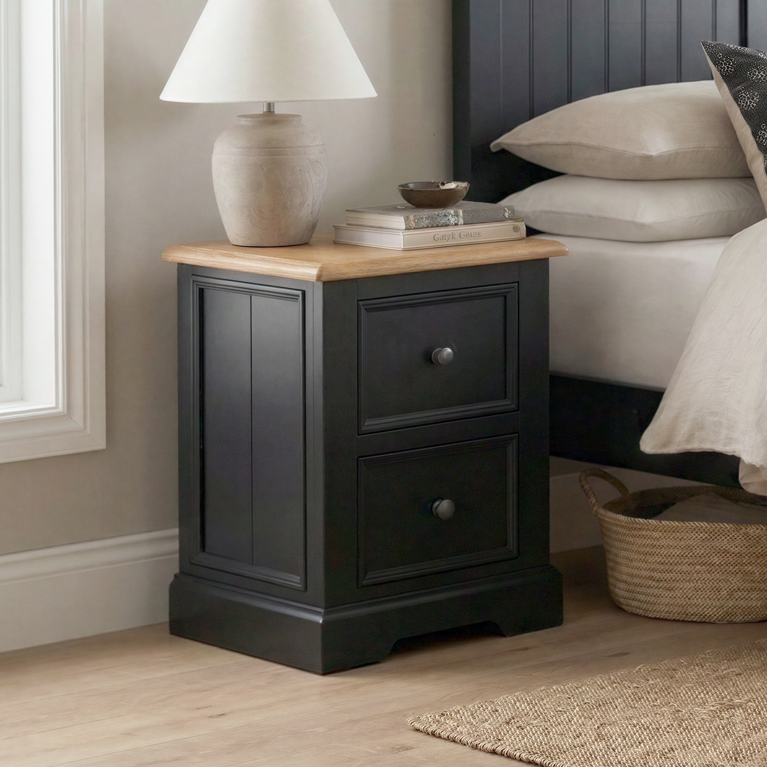 Charlton Oak And Black Painted 2 Drawer Bedside Table