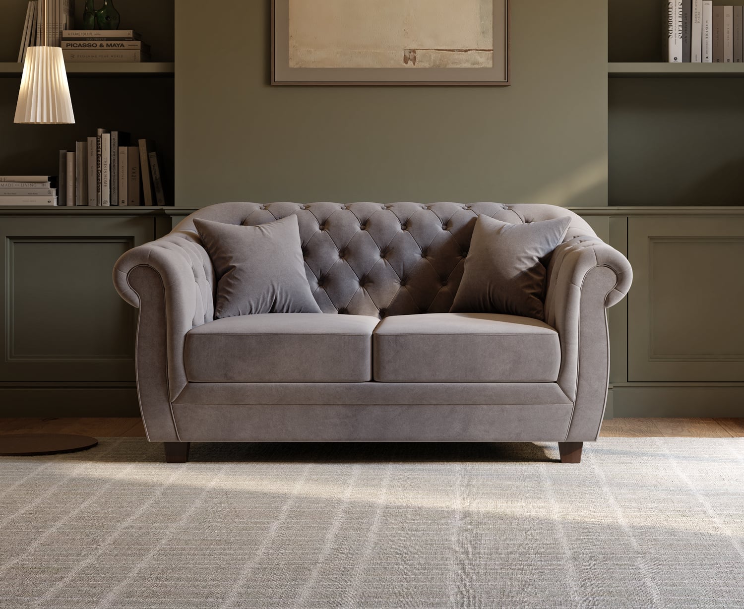 Eva Chesterfield Light Grey Velvet 2 Seater Sofa