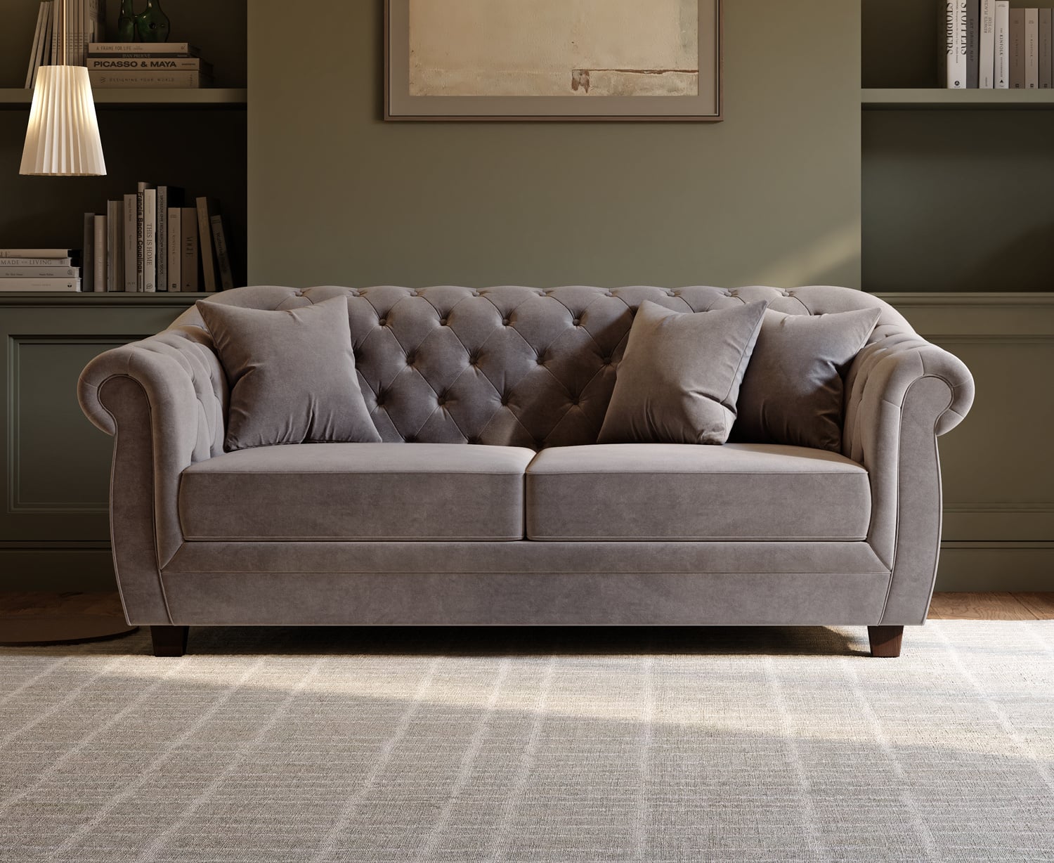 Eva Chesterfield Light Grey Velvet 3 Seater Sofa