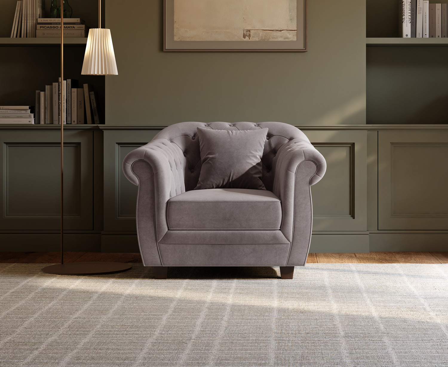 Eva Chesterfield Light Grey Velvet Armchair