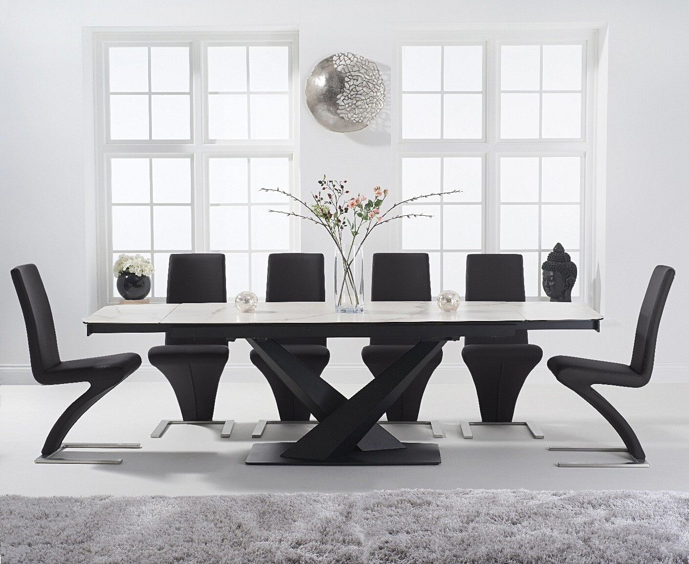 Extending Jacob 180cm White Ceramic Dining Table with 8 White Aldo Chairs