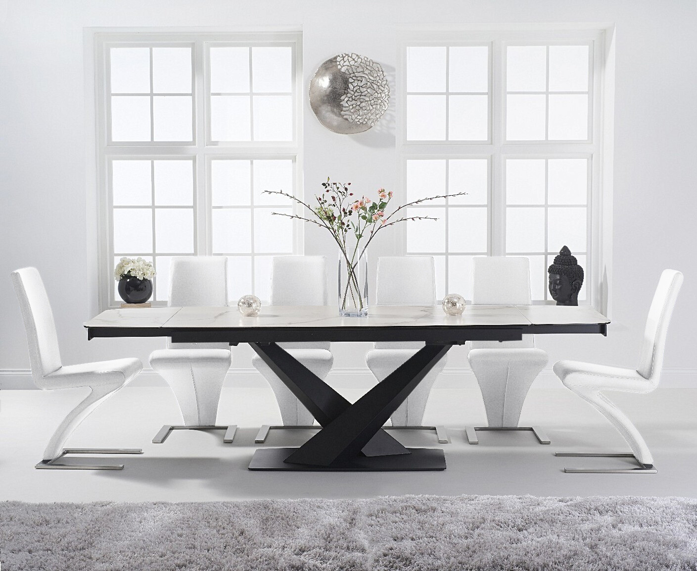 Extending Jacob 180cm White Ceramic Dining Table with 8 White Aldo Chairs