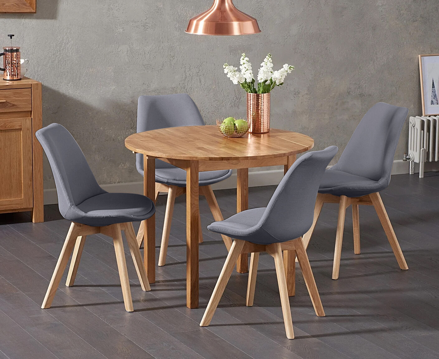 Extending York 90cm Solid Oak Dining Table With 2 Dark Grey Orson Chairs