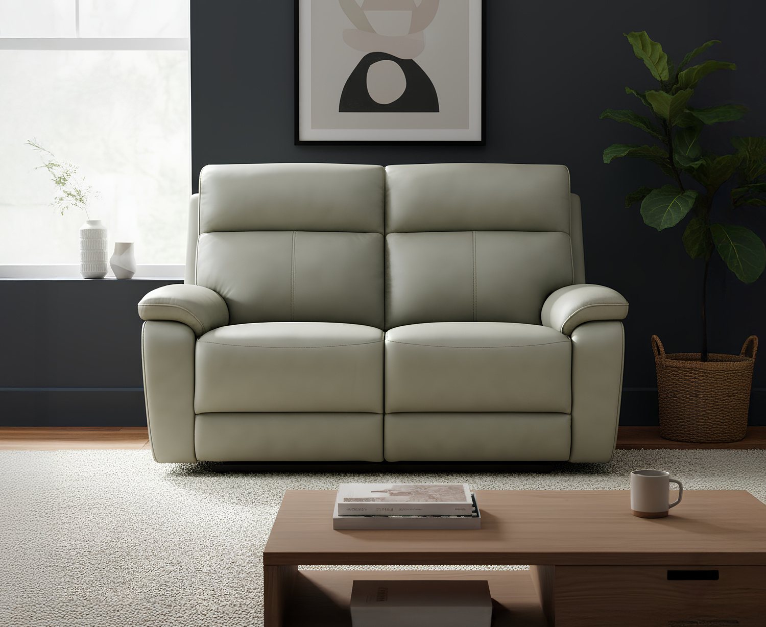 Cooper Light Grey Leather 2 Seater Recliner Sofa