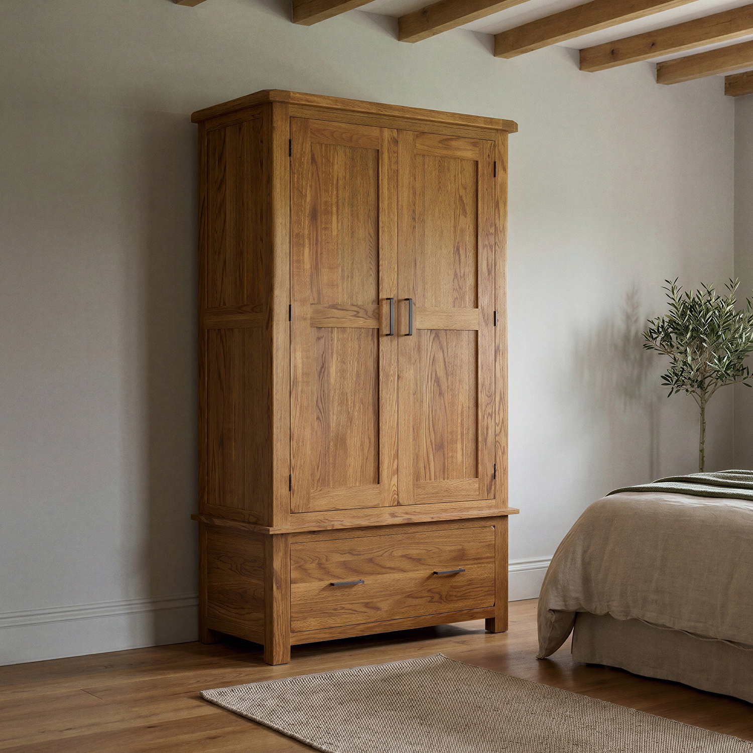 Rustic Solid Oak Double Wardrobe | 2 Doors & Dovetail Drawer