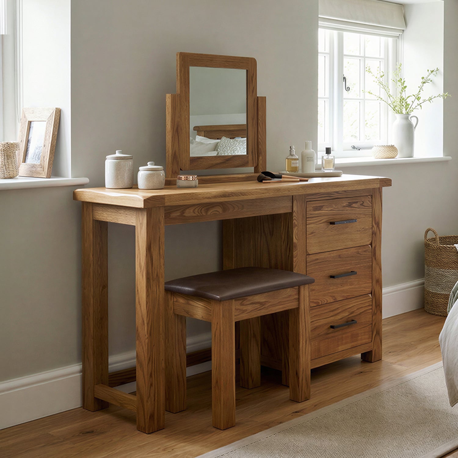 Rustic Solid Oak Dressing Table Set | Table, Mirror & Stool