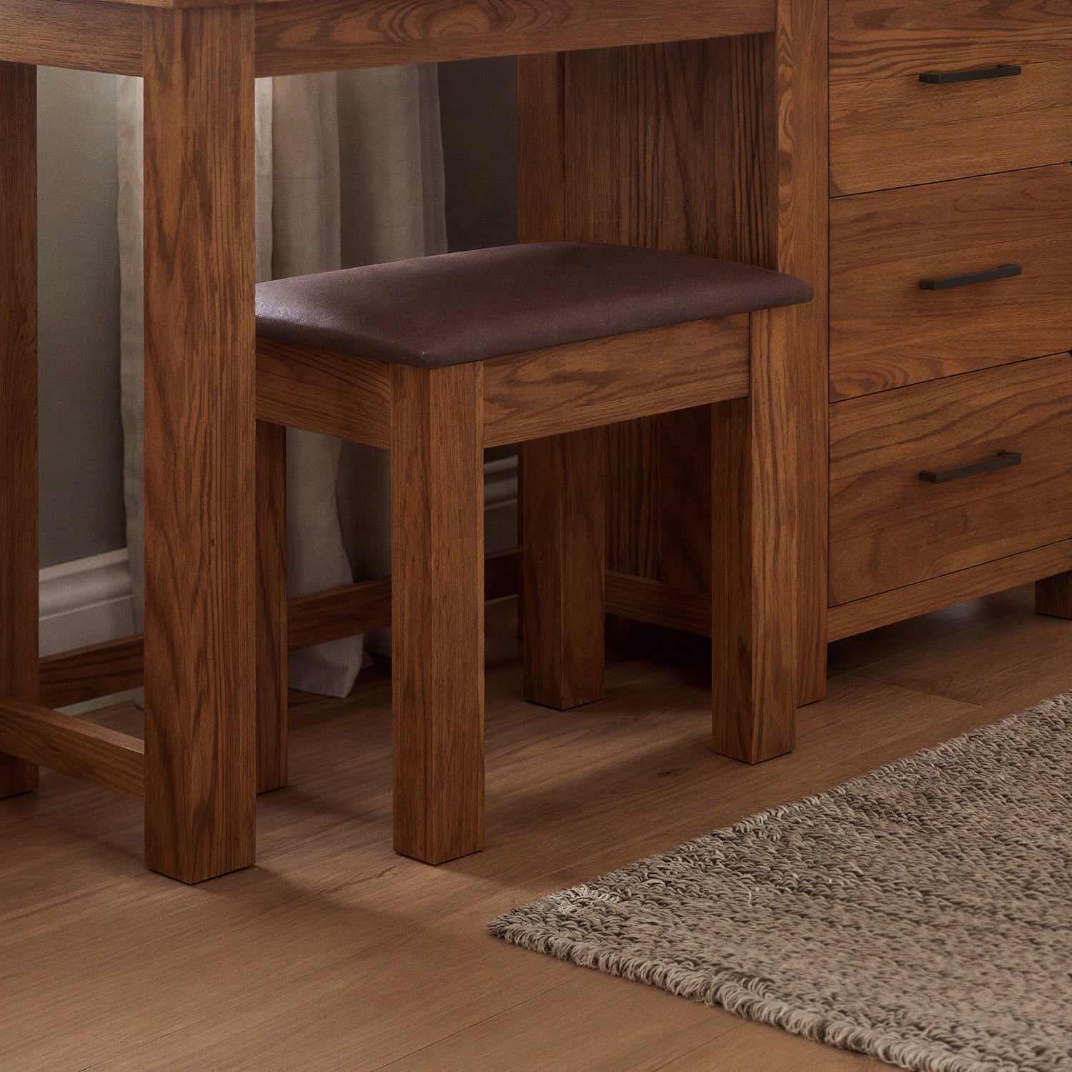 Rustic Solid Oak & Leather Dressing Table Stool | Fully Assembled