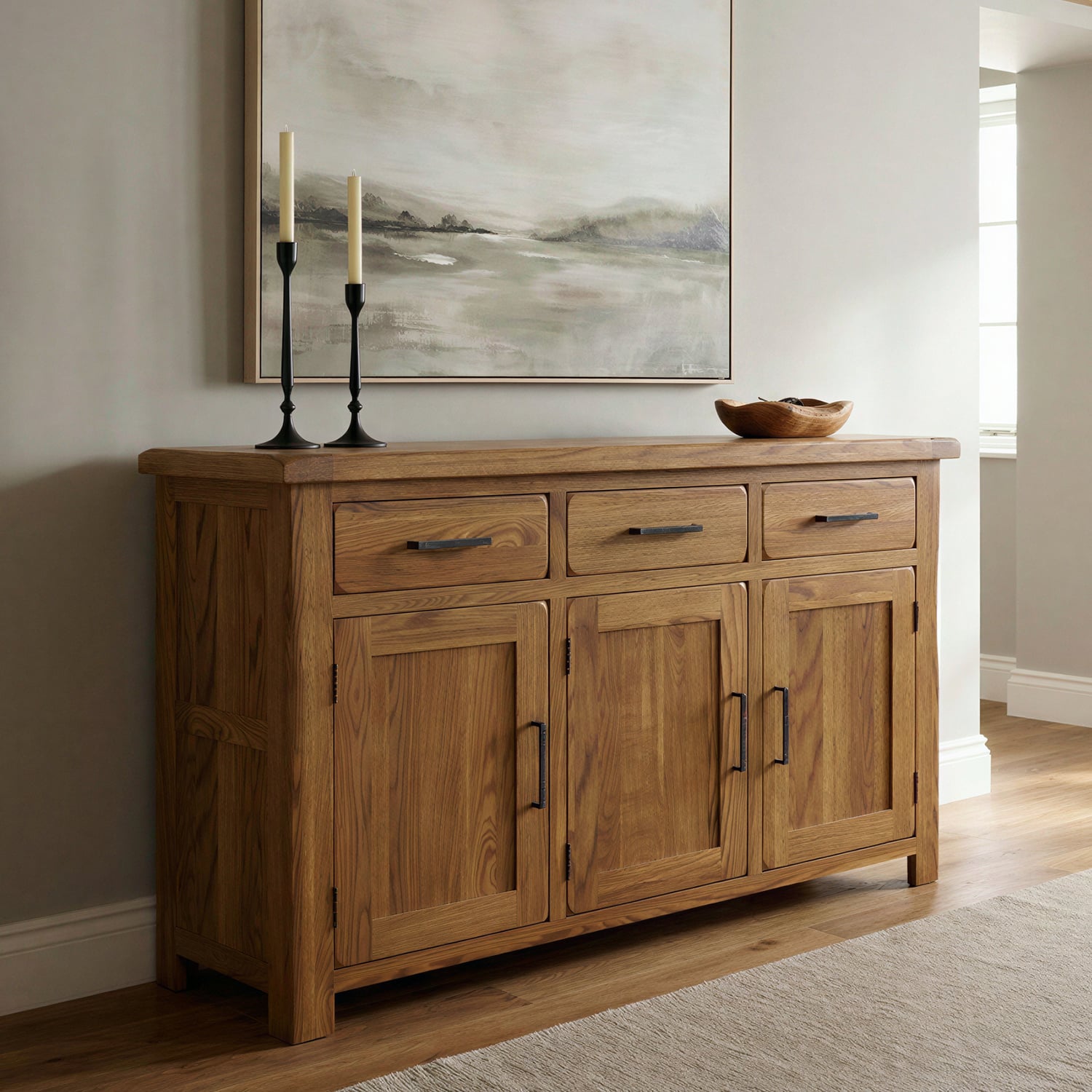 Rustic Solid Oak Large Sideboard 3 Doors 3 Dovetail Drawers