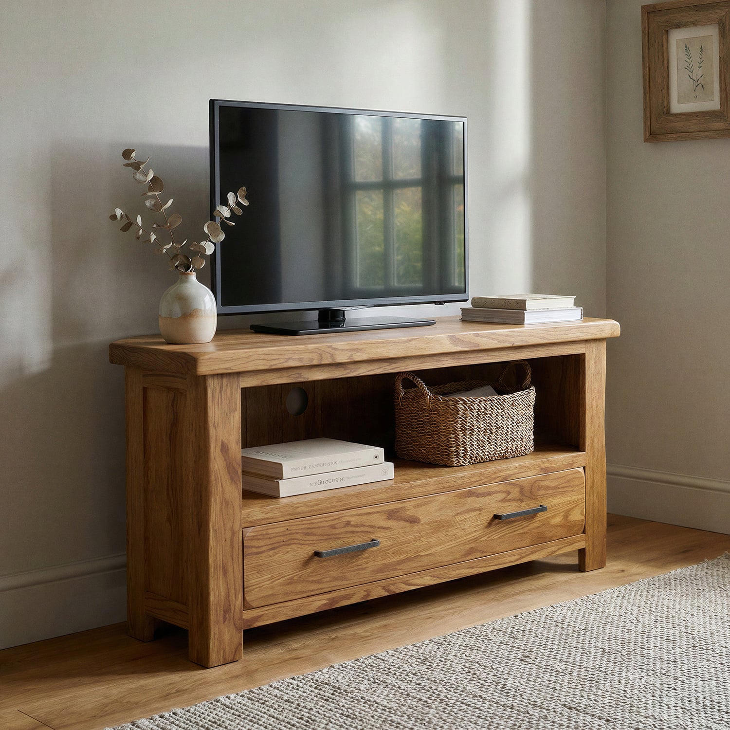 Rustic Solid Oak Corner TV Cabinet | Dovetail Drawer