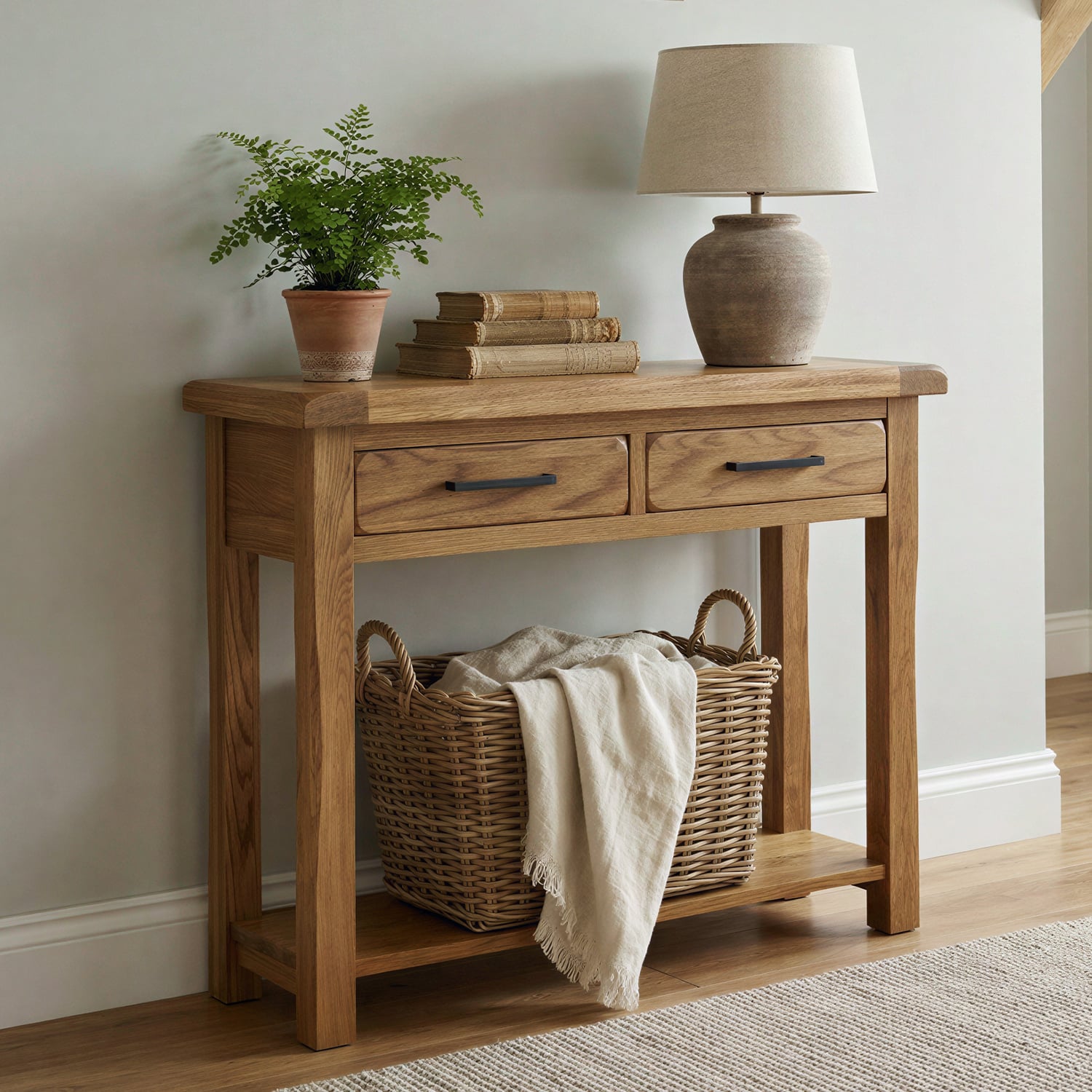 Rustic Solid Oak Console Table | 2 Dovetail Drawers & Shelf